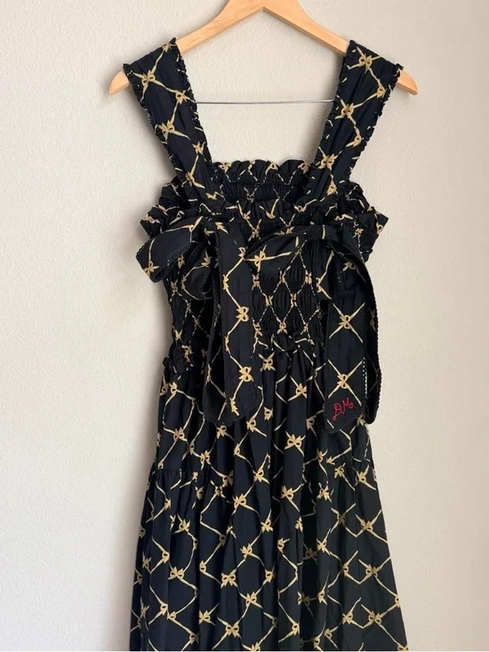 Damson Madder Black & Gold Patterned Smocked Maxi Dress 100% Organic Cotton - Picture 4 of 6